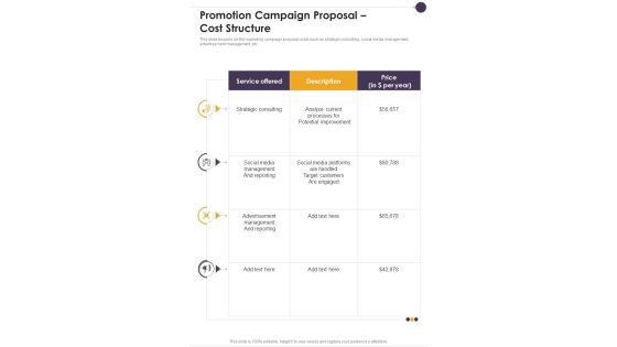 Promotion Campaign Proposal Cost Structure One Pager Sample Example Document Promotion Campaign Proposal Cost Structure One Pager Sample Example Document