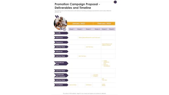 Promotion Campaign Proposal Deliverables And Timeline One Pager Sample Example Document Promotion Campaign Proposal Deliverables And Timeline One Pager Sample Example Document