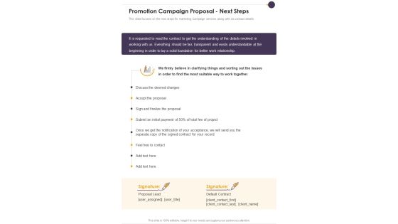 Promotion Campaign Proposal Next Steps One Pager Sample Example Document Promotion Campaign Proposal Next Steps One Pager Sample Example Document