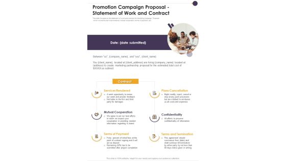 Promotion Campaign Proposal Statement Of Work And Contract One Pager Sample Example Document Promotion Campaign Proposal Statement Of Work And Contract One Pager Sample Example Document