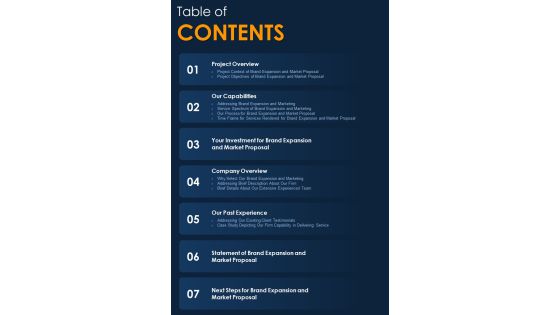 Proposal For Brand Expansion And Marketing Table Of Contents One Pager Sample Example Document Proposal For Brand Expansion And Marketing Table Of Contents One Pager Sample Example Document
