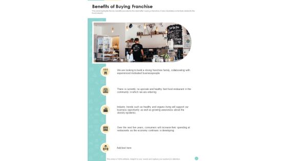 Proposal For Cafeteria Business Benefits Of Buying Franchise One Pager Sample Example Document