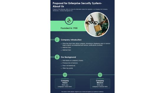 Proposal For Enterprise Security System About Us One Pager Sample Example Document Proposal For Enterprise Security System About Us One Pager Sample Example Document
