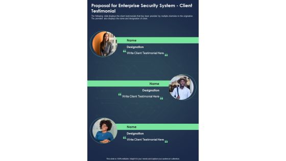 Proposal For Enterprise Security System Client Testimonial One Pager Sample Example Document Proposal For Enterprise Security System Client Testimonial One Pager Sample Example Document