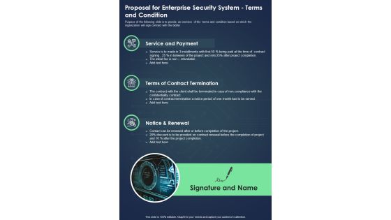 Proposal For Enterprise Security System Terms And Condition One Pager Sample Example Document Proposal For Enterprise Security System Terms And Condition One Pager Sample Example Document