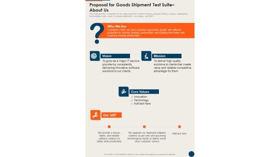 Proposal For Goods Shipment Test Suite About Us Vision One Pager Sample Example Document Proposal For Goods Shipment Test Suite About Us Vision One Pager Sample Example Document