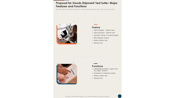 Proposal For Goods Shipment Test Suite Major Features And Functions One Pager Sample Example Document Proposal For Goods Shipment Test Suite Major Features And Functions One Pager Sample Example Document