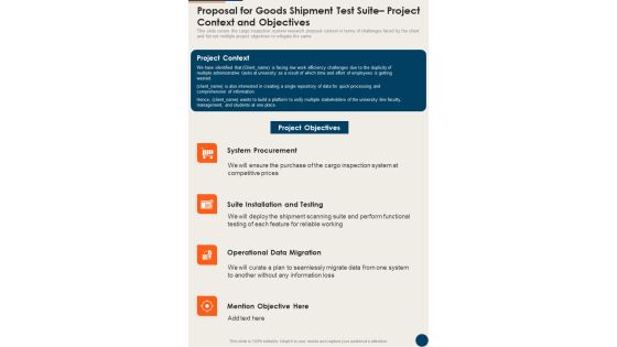 Proposal For Goods Shipment Test Suite Project Context And Objectives One Pager Sample Example Document Proposal For Goods Shipment Test Suite Project Context And Objectives One Pager Sample Example Document