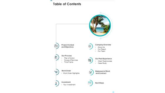 Proposal For Hospitality Work Order Table Of Contents One Pager Sample Example Document Proposal For Hospitality Work Order Table Of Contents One Pager Sample Example Document
