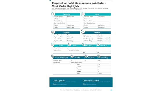 Proposal For Hotel Maintenance Job Order Work Order Highlights One Pager Sample Example Document