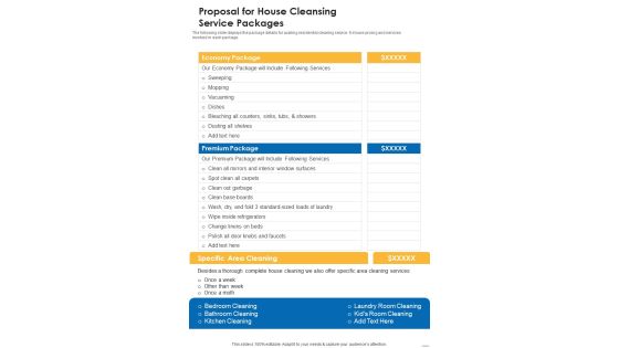 Proposal For House Cleansing Service Packages One Pager Sample Example Document Proposal For House Cleansing Service Packages One Pager Sample Example Document