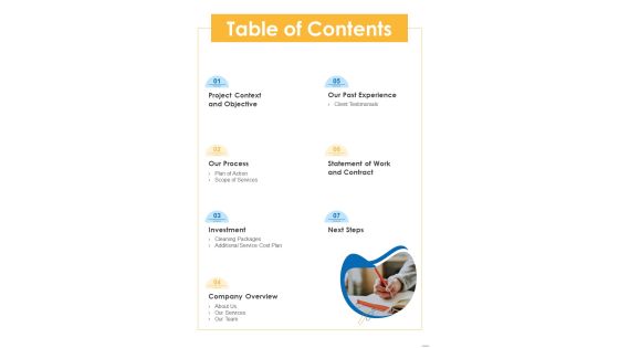 Proposal For House Cleansing Service Table Of Contents One Pager Sample Example Document Proposal For House Cleansing Service Table Of Contents One Pager Sample Example Document
