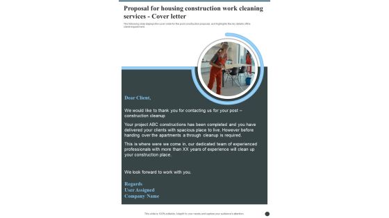 Proposal For Housing Construction Work Cleaning Services Cover Letter One Pager Sample Example Document Proposal For Housing Construction Work Cleaning Services Cover Letter One Pager Sample Example Document