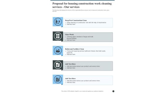 Proposal For Housing Construction Work Cleaning Services Our Services One Pager Sample Example Document