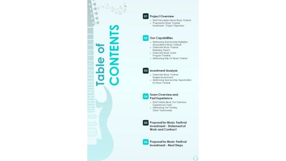 Proposal For Music Festival Investment Table Of Contents One Pager Sample Example Document Proposal For Music Festival Investment Table Of Contents One Pager Sample Example Document