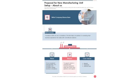 Proposal For New Manufacturing Unit Setup About Us One Pager Sample Example Document
