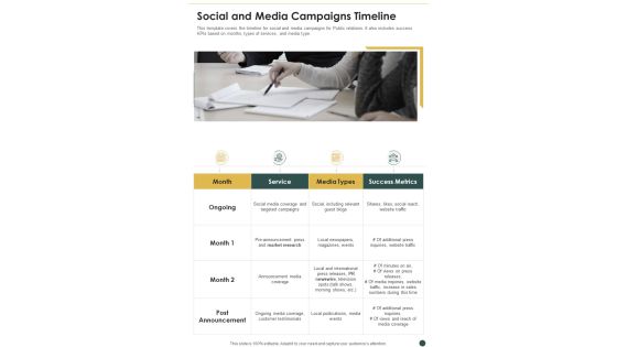 Proposal For PR Campaign Social And Media Campaigns Timeline One Pager Sample Example Document Proposal For PR Campaign Social And Media Campaigns Timeline One Pager Sample Example Document