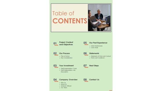 Proposal For Provisional Employment Service Table Of Contents One Pager Sample Example Document Proposal For Provisional Employment Service Table Of Contents One Pager Sample Example Document