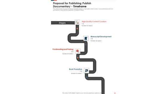 Proposal For Publishing Publish Documentary Timeframe One Pager Sample Example Document Proposal For Publishing Publish Documentary Timeframe One Pager Sample Example Document