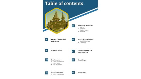 Proposal For Religious Gathering Table Of Contents One Pager Sample Example Document Proposal For Religious Gathering Table Of Contents One Pager Sample Example Document
