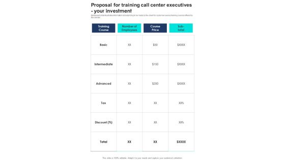 Proposal For Training Call Center Executives Your Investment One Pager Sample Example Document