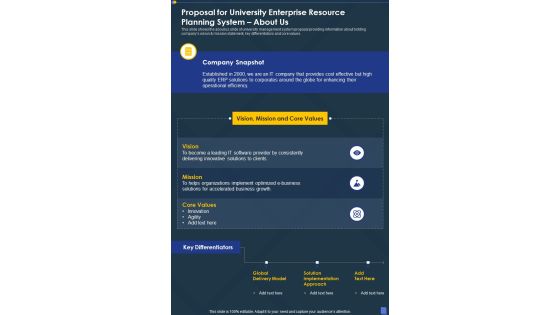 Proposal For University Enterprise Resource Planning System About Us One Pager Sample Example Document