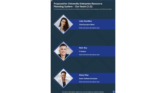 Proposal For University Enterprise Resource Planning System Our Team One Pager Sample Example Document
