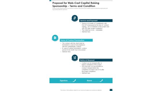 Proposal For Web Cast Capital Raising Sponsorship Terms And Condition One Pager Sample Example Document Proposal For Web Cast Capital Raising Sponsorship Terms And Condition One Pager Sample Example Document