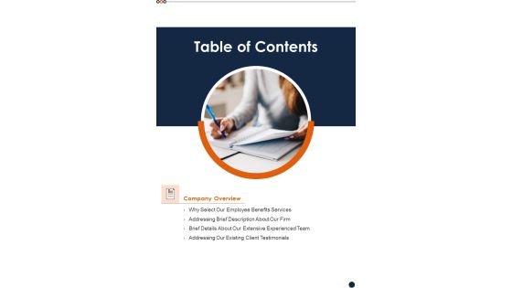 Proposal For Workforce Benefits Table Of Contents One Pager Sample Example Document Proposal For Workforce Benefits Table Of Contents One Pager Sample Example Document