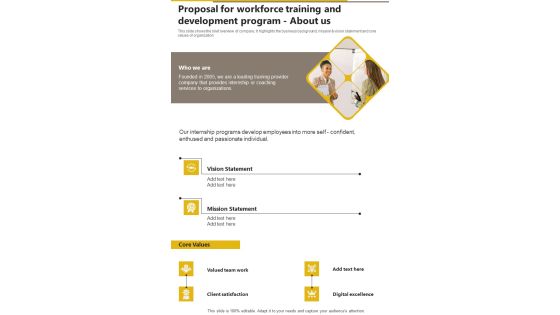 Proposal For Workforce Training And Development Program About Us One Pager Sample Example Document Proposal For Workforce Training And Development Program About Us One Pager Sample Example Document