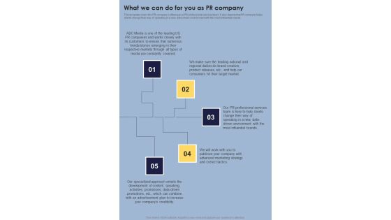 Proposal Public Relations Promotional Services What We Can Do One Pager Sample Example Document Proposal Public Relations Promotional Services What We Can Do One Pager Sample Example Document