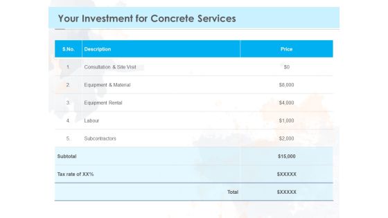 Proposal Template For Concrete Supplier Service Your Investment For Concrete Services Mockup PDF Proposal Template For Concrete Supplier Service Your Investment For Concrete Services Mockup PDF
