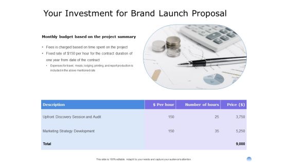Proposal To Brand Company Professional Services Your Investment For Brand Launch Proposal Topics PDF