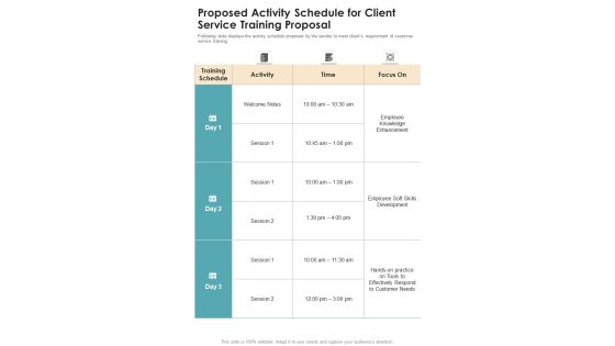 Proposed Activity Schedule For Client Service Training Proposal One Pager Sample Example Document Proposed Activity Schedule For Client Service Training Proposal One Pager Sample Example Document
