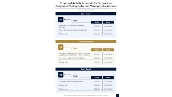 Proposed Activity Schedule For Corporate Photography And Videography Services One Pager Sample Example Document