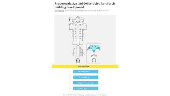 Proposed Design And Deliverables For Church Building Development One Pager Sample Example Document Proposed Design And Deliverables For Church Building Development One Pager Sample Example Document