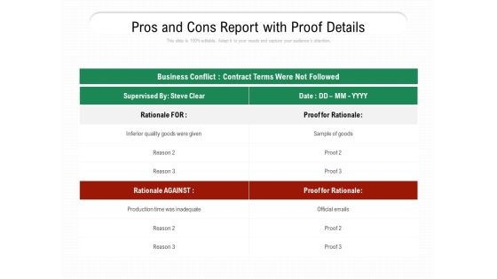 Pros And Cons Report With Proof Details Ppt PowerPoint Presentation File Slides PDF