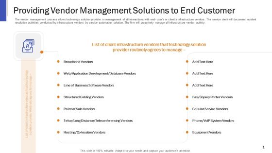 Providing Vendor Management Solutions To End Customer Ppt Infographics Ideas PDF Providing Vendor Management Solutions To End Customer Ppt Infographics Ideas PDF