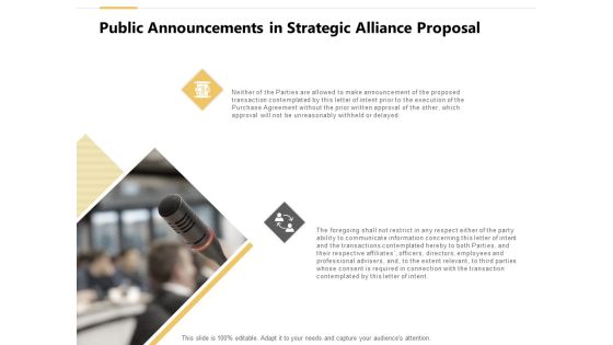Public Announcements In Strategic Alliance Proposal Ppt PowerPoint Presentation Show Designs Download Public Announcements In Strategic Alliance Proposal Ppt PowerPoint Presentation Show Designs Download