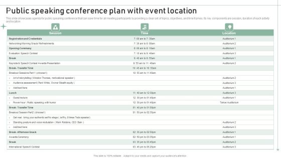 Public Speaking Conference Plan With Event Location Structure PDF