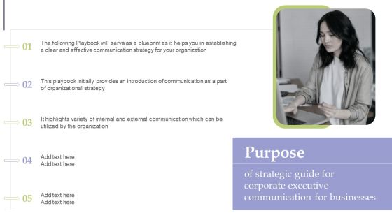Purpose Of Strategic Guide For Corporate Executive Communication For Businesses Demonstration PDF Purpose Of Strategic Guide For Corporate Executive Communication For Businesses Demonstration PDF