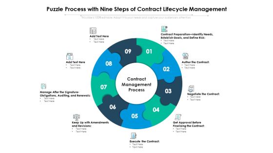 Puzzle Process With Nine Steps Of Contract Lifecycle Management Ppt PowerPoint Presentation Inspiration Outline PDF Puzzle Process With Nine Steps Of Contract Lifecycle Management Ppt PowerPoint Presentation Inspiration Outline PDF