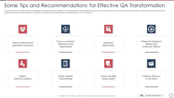 Quality Assurance Transformation Strategies To Improve Business Performance Efficiency Some Tips And Recommendations Formats PDF