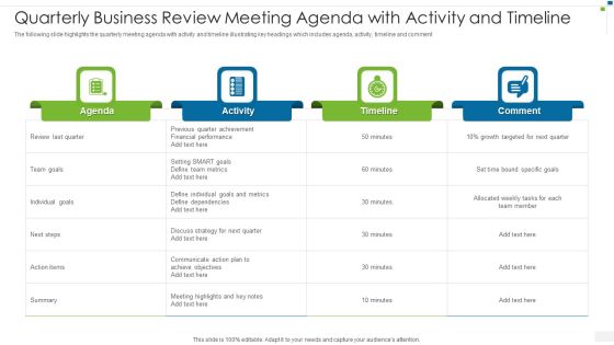 Quarterly Business Review Meeting Agenda With Activity And Timeline Ideas PDF