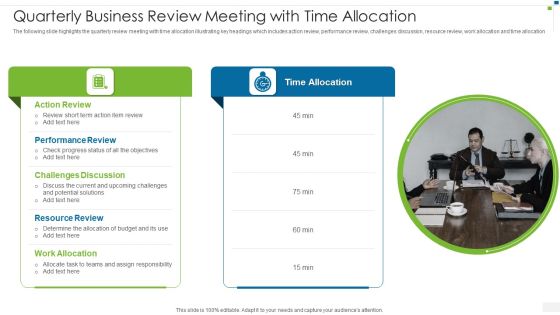 Quarterly Business Review Meeting With Time Allocation Infographics PDF