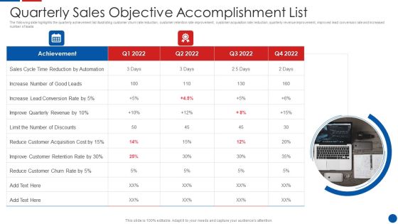 Quarterly Sales Objective Accomplishment List Ppt PowerPoint Presentation Gallery Files PDF Quarterly Sales Objective Accomplishment List Ppt PowerPoint Presentation Gallery Files PDF