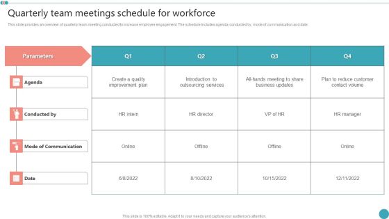 Quarterly Team Meetings Schedule For Workforce Employee Engagement HR Strategy At Organization Brochure PDF Quarterly Team Meetings Schedule For Workforce Employee Engagement HR Strategy At Organization Brochure PDF