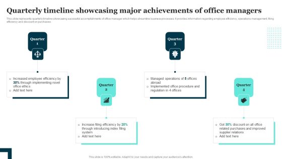 Quarterly Timeline Showcasing Major Achievements Of Office Managers Designs PDF Quarterly Timeline Showcasing Major Achievements Of Office Managers Designs PDF