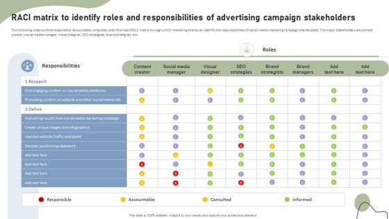 RACI Matrix To Identify Roles And Responsibilities Of Advertising Campaign Stakeholders Pictures PDF RACI Matrix To Identify Roles And Responsibilities Of Advertising Campaign Stakeholders Pictures PDF