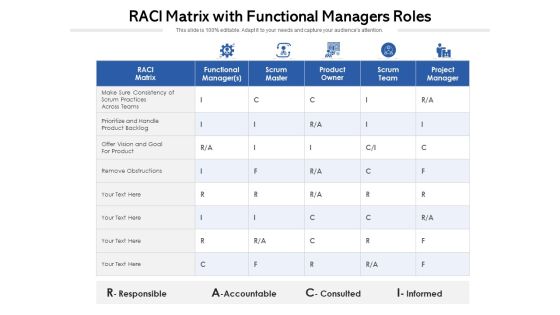 RACI Matrix With Functional Managers Roles Ppt PowerPoint Presentation Layouts Brochure PDF RACI Matrix With Functional Managers Roles Ppt PowerPoint Presentation Layouts Brochure PDF